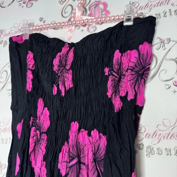 Dress Hawaii hibiscus 🌺 flowers pink black strapless ribbon 🎀 bow tie up slit - Picture 4 of 10